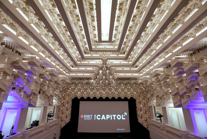 Ornate Chicago-gothic style ceiling and lighting of The Capitol cinema.