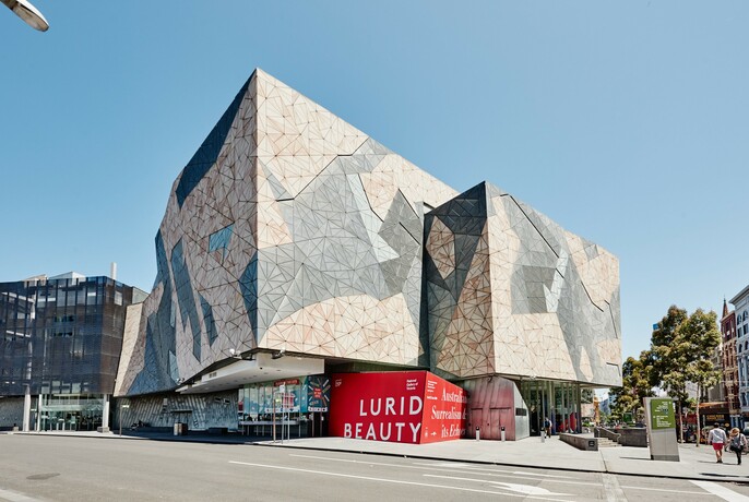 Large, rectangular building of Ian Potter Centre at Federation Square.