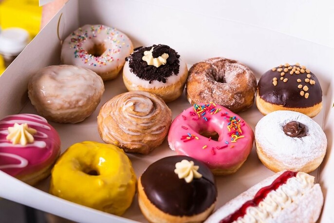 Box of colourful donuts.