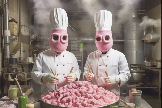 Chefs wearing white jackets and hats with pink plasticine faces, standing in front of a large bowl filled with pink sausage-like food.