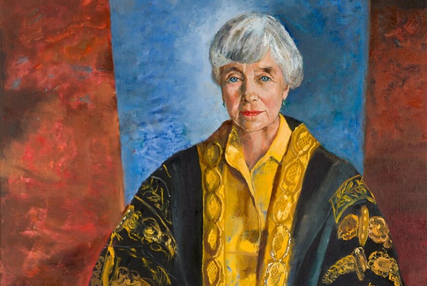 Oil painting of an older woman with short white hair and wearing ceremonial yellow and black robes.