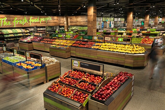 Empty fruit and vegetable section of Woolworths. 
