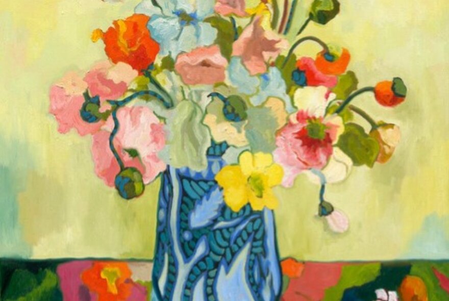 Still-life oil painting by Lucila Zentner of a blue patterned vase with pinky-orange toned flowers and a yellow background.