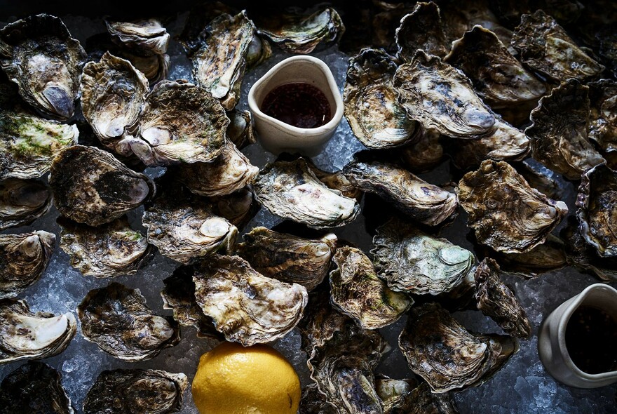 Oysters, lemon and small jug of sauce.