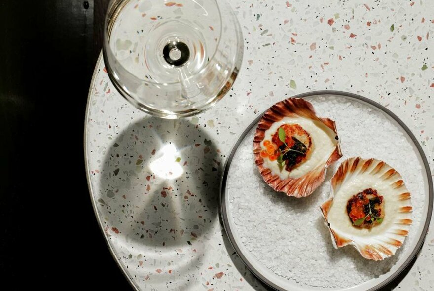 Overhead view of a plate with two scallops in their open shells, and a glass of wine.