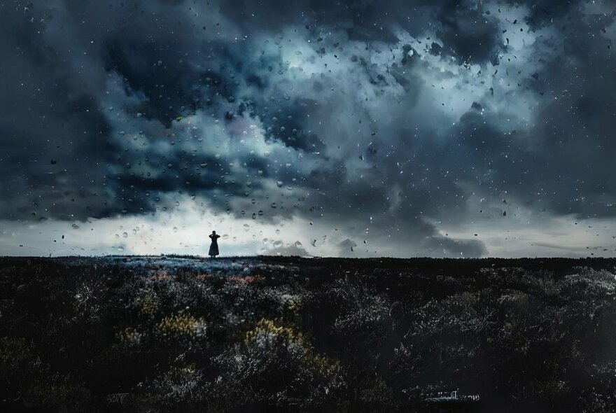 A dark and moody image of a woman, alone on a barren landscape with dark rain clouds above her.