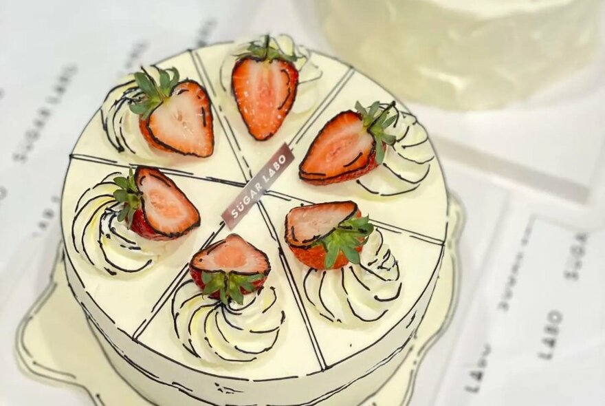 A whole round cake, viewed from above, decorated with icing, cream and cut strawberries.
