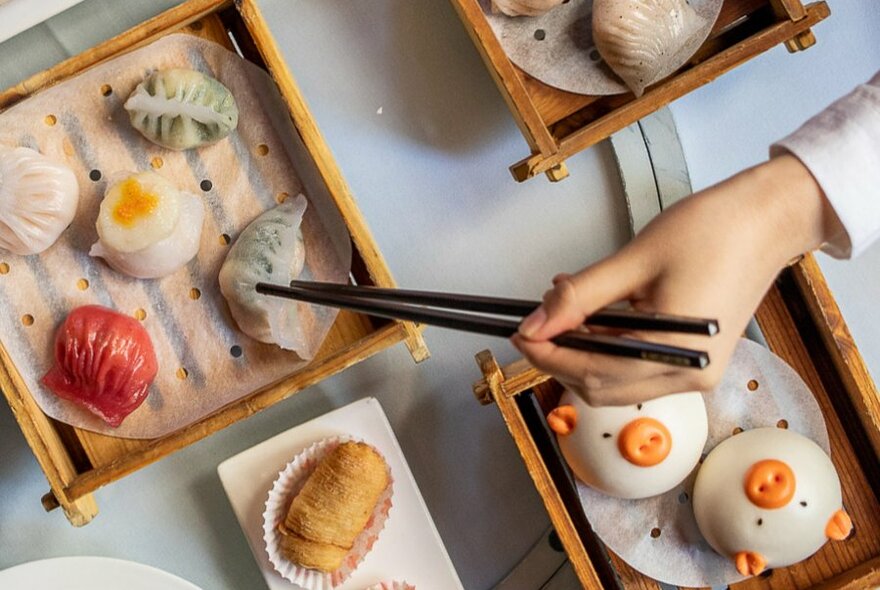 A selection of dumplings include pig shaped buns being eaten with chopsticks.