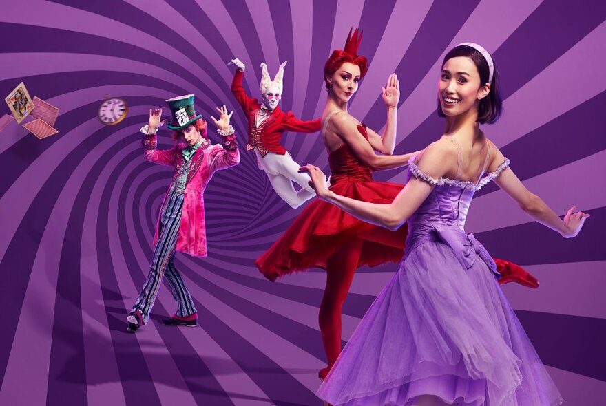 Four cast members from the Australian Ballet's production of Alice in Wonderland in bright character costumes posing against a purple swirling spiral vortex.