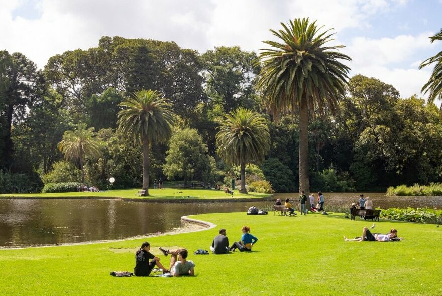 People sitting on the grass in the Botanic Gardens. 