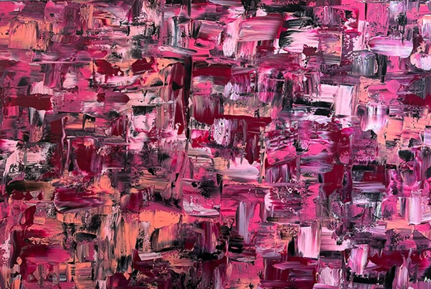 Abstract painting made up of many daubs of thickly applied paint in shades of red and pink.