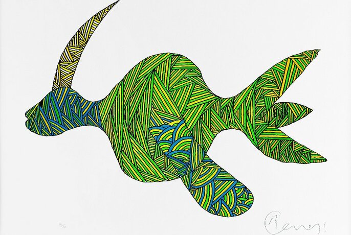 A painting of an abstract fish-like animal in shades of green.