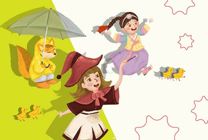 Colourful picture book style illustration of a two young people, both wearing traditional costumes, a fox sitting under an umbrella, and some yellow ducklings.