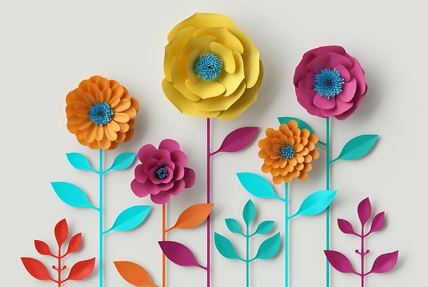 Five coloured paper flowers.