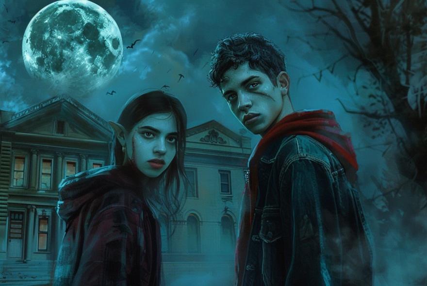 An image of two scary-looking teens looking behind them with a large manor in the background with a full moon. 