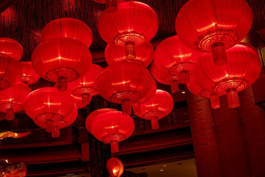 Hanging red lanterns in the Atrium at Crown Melbourne.