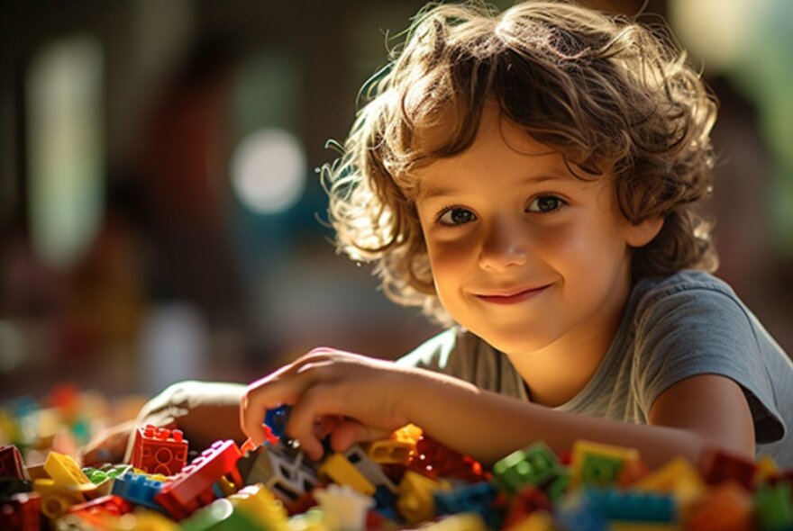 Primary school aged child smiling and with their hands over a pile of LEGO blocks.