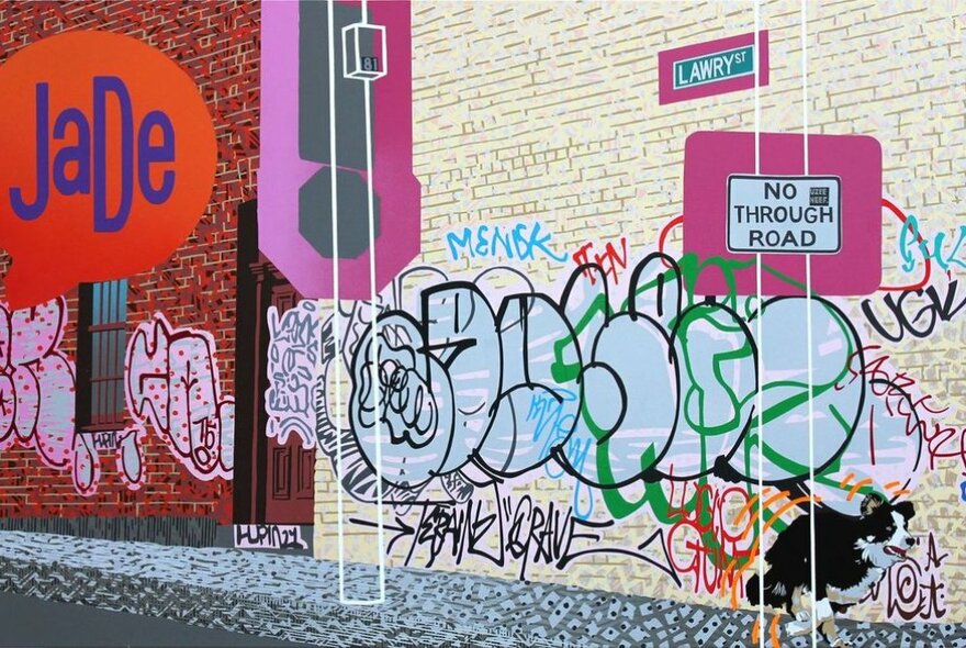 A bright artwork featuring street art, stencils, a laneway and signage.