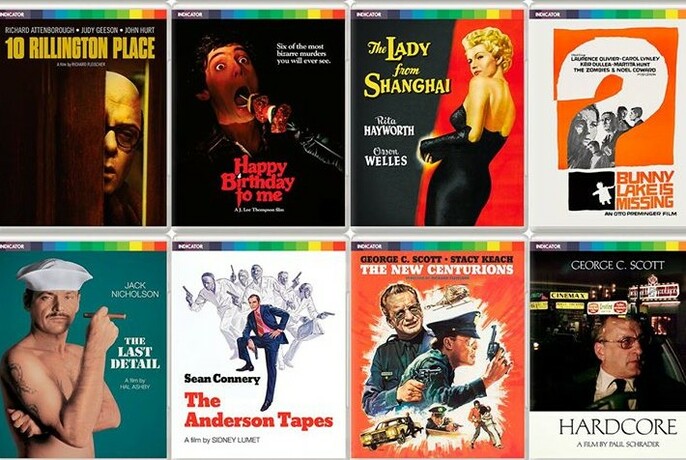 Montage of eight DVD film covers featuring actors, movie scenes and text.