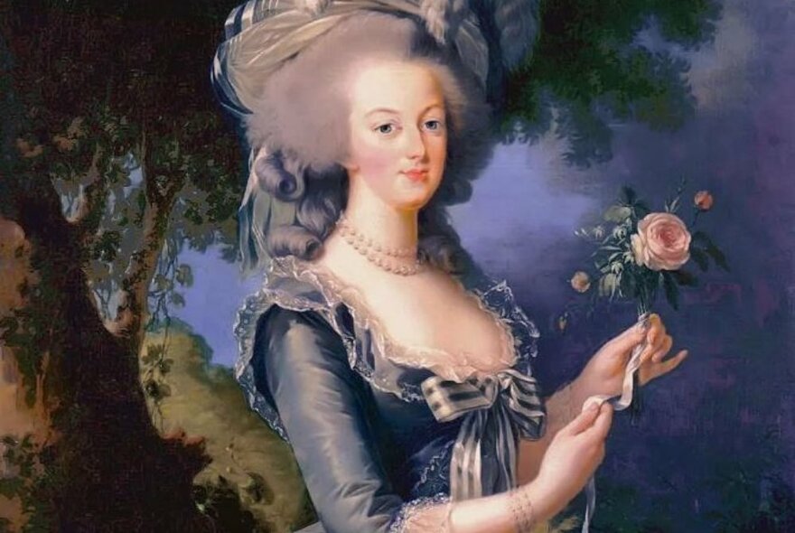 Detail of portrait of Marie Antoinette, holding a rose in a landscape setting.