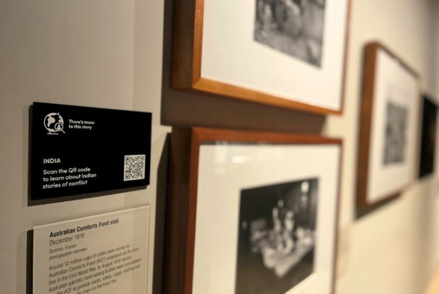 Framed photographs on display on a gallery wall, with printed captions alongside.