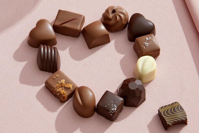 Selection of chocolates arranged into a heart shape.