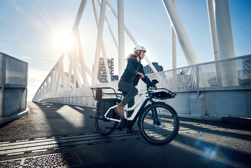 Person riding an e-bike across a bridge with blue sky and sunlight in the background.