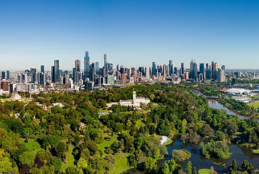 Aerial view of Royal Botanic Gardens Melbourne and Domain parklands with the city skyline in the background.