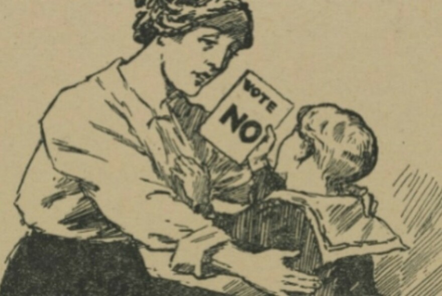 Historic illustration of a mother holding a young boy who is giving up a piece of paper with 'vote no' on it.