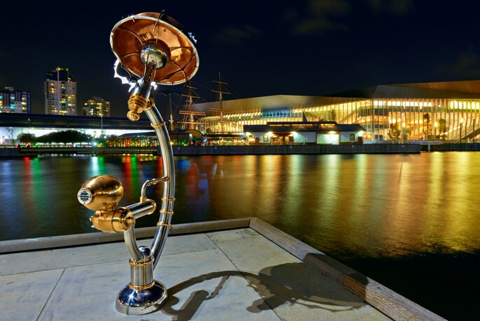 Sculptural artwork made of bronze, steel and copper installed next to Yarra River. 
