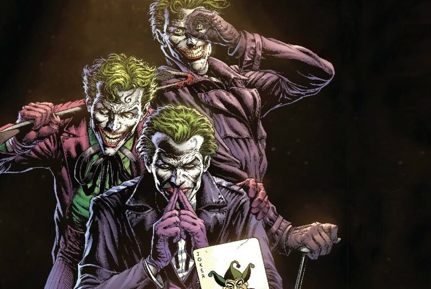 Comic book illustration of three evil-looking joker characters.