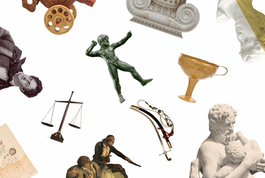 A montage of different objects related to the classical world - statues, urns, scales, columns. 