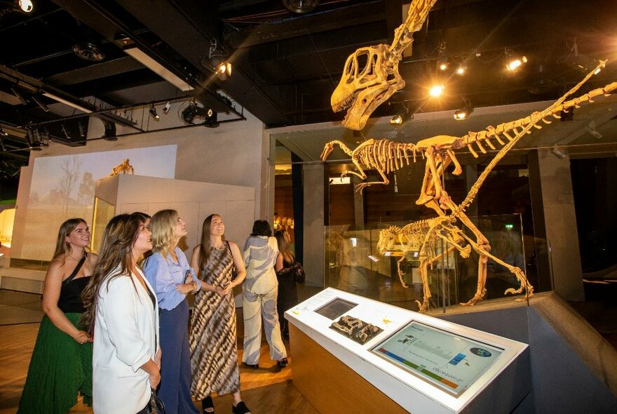 People looking at a dinosaur model skeleton in a museum setting.