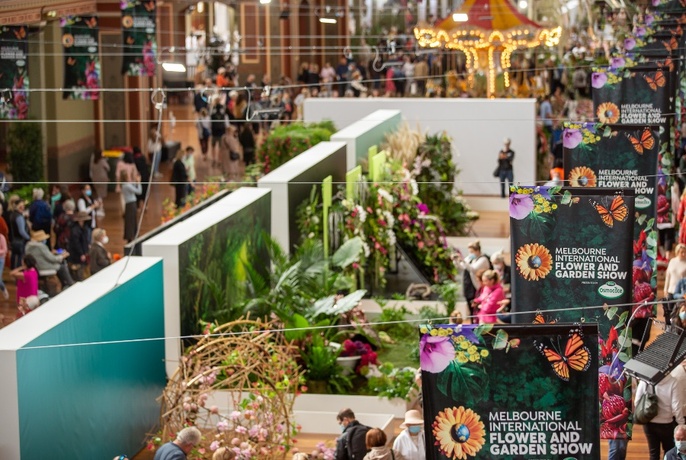 Overhead view of horticultural expo stalls in the Exhibition Building.