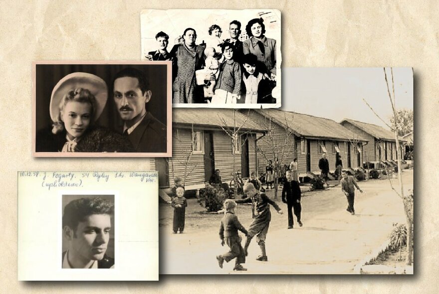 A pinboard display with four vintage sepia toned images of people and families.