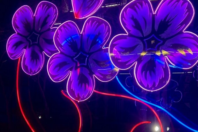 An illuminated garden installation featuring large purple flowers on red stems.