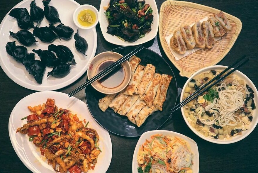 Selection of dishes including black wantons, fried dumplings and noodles.