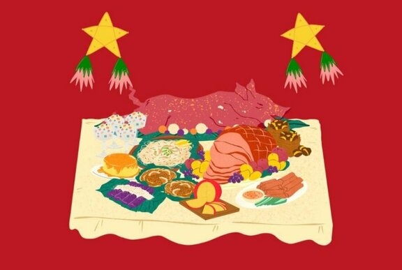 Graphic of Filipino feast foods including roast pork, with Christmas decorations.