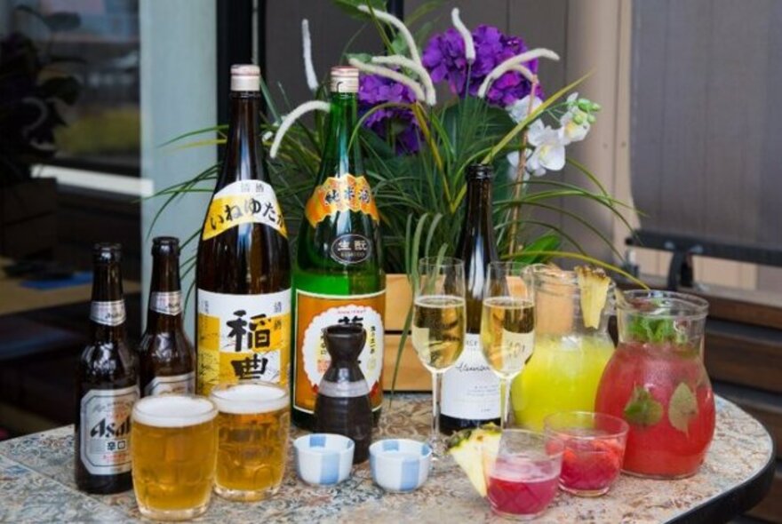 Selection of Japanese beer, sake and soft drinks.