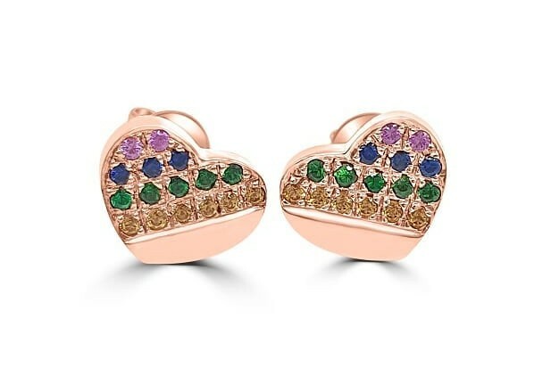 Rose gold stud earrings in the shape of a heart with rows of coloured stones.