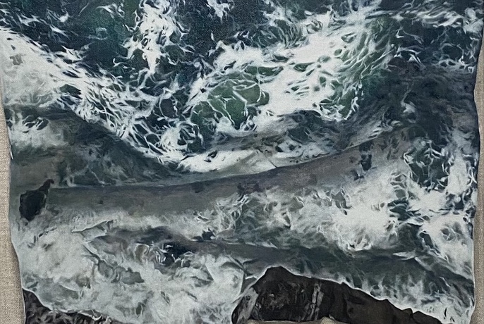 Abstract artwork that looks like the ocean's waves and a foaming sea as if seen directly from above.