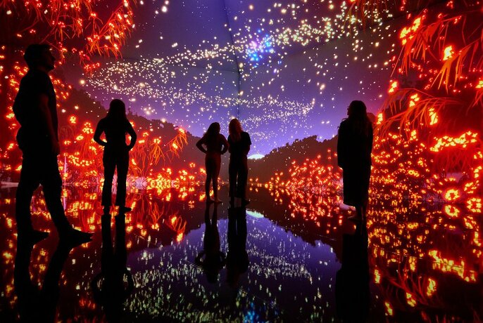 People standing in immersive light experience with glimmering red and purple effects.