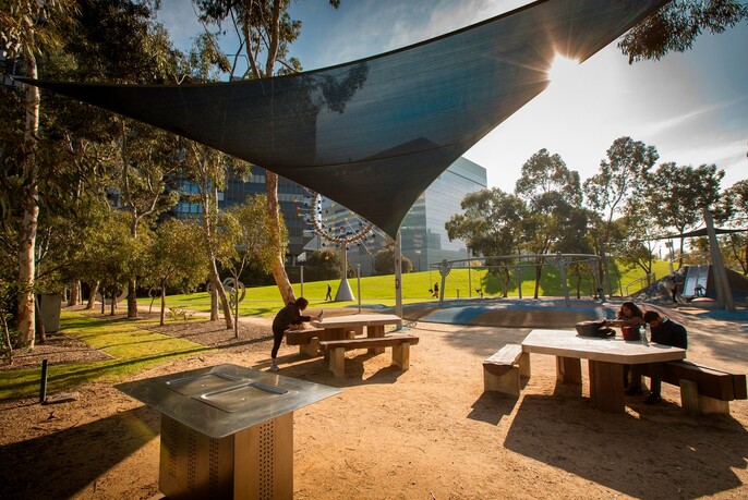 Shade cloth above BBQ facilities and picnic tables in Sculpture in Docklands Park.