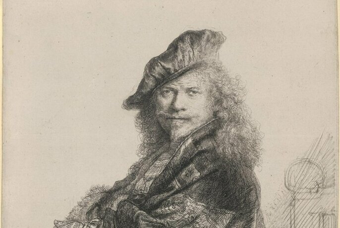 Half bust self-portrait of Rembrandt leaning on a ledge, wearing a hat over his long curly hair; an etching, touched with black chalk, circa mid-1600s.