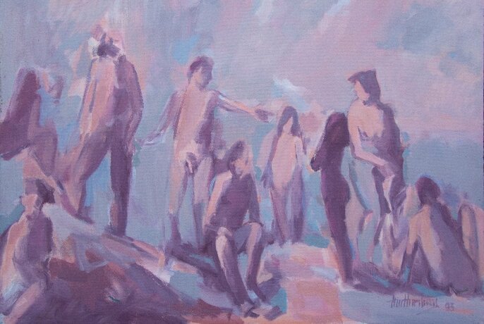 Sketch of people standing naked on ricks at a beach.