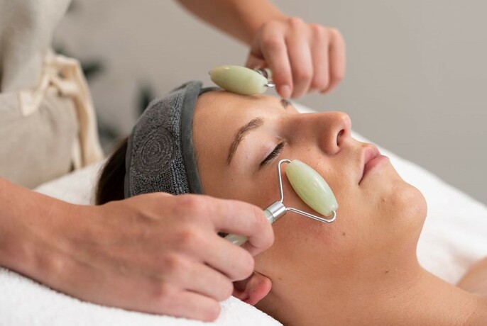 Woman having facial done with small rollers. 