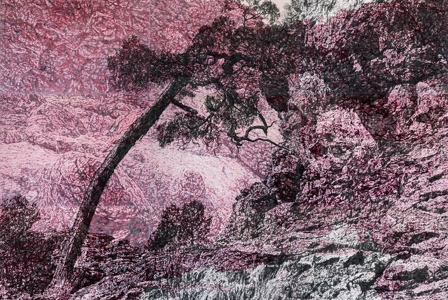 Pink and red hued artwork of a landscape showing a tree leaning into a rocky hill.