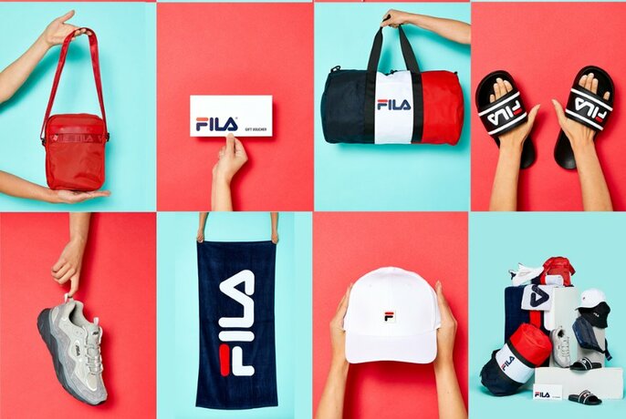 Composite of FILA products on aqua and red backgrounds.