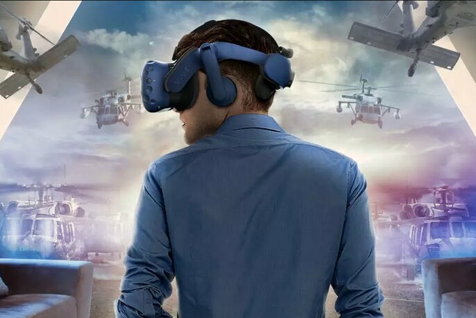 Person wearing a visual reality headset looking to their left against a simulated backdrop.