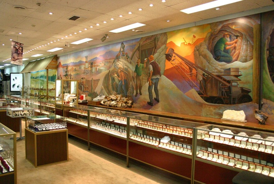Glass cabinets in a jewellery showroom with  murals depicting opal production behind.